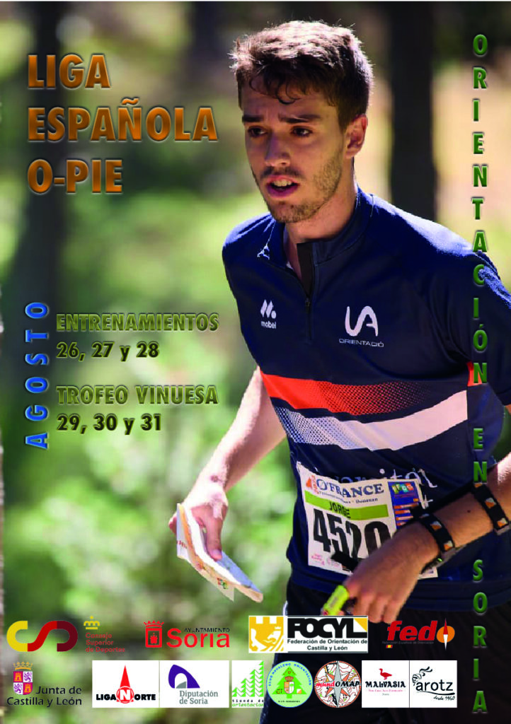Cartel de la Liga O-Pie Española, agosto 2025, organizada por el Club de Orientación de Navaleno. Entrenamientos 26-27-28 agosto, Trofeo Vinuesa 30-31 agosto. Orientación en Soria. Colaboradores. Enlace al último Boletín disponible.