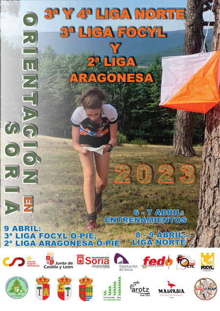 Cartel oficial de la 3ª y 4ª Liga Norte 2023. Fechas de la competición, colaboradores y carreras. Organizado por el Club de Orientación de Navaleno.