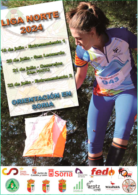 Cartel oficial de la Liga Norte 2024. Fechas de la competición, colaboradores y carreras. Organizado por el Club de Orientación de Navaleno.