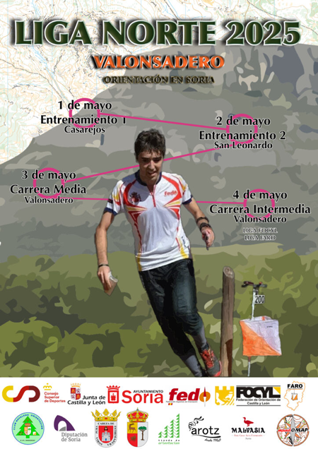 Cartel oficial de la Liga Norte 2025. Fechas de la competición, colaboradores y carreras. Organizado por el Club de Orientación de Navaleno.